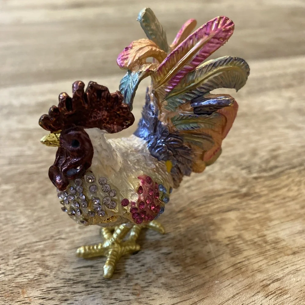 Multicolor Metal Bejewled Rooster Chicken Trinket Box Enameled Interior